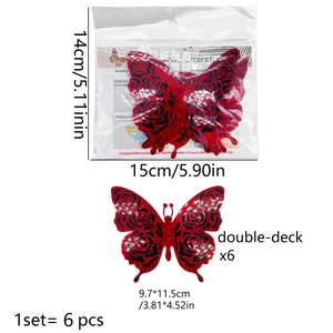 Detail of red 3D double-deck butterfly wall stickers with rose patterns and size specs