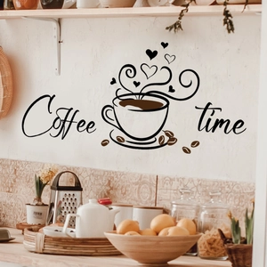 Coffee time wall sticker with cup and heart patterns for cozy kitchen decor