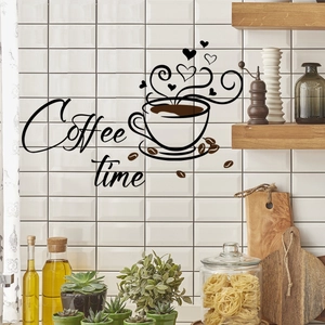 Coffee Time wall decal with cup and bean patterns on a white tiled kitchen wall