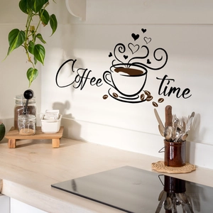 Detail of Coffee Time wall sticker with coffee cup and beans in kitchen setting