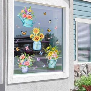Floral window stickers featuring butterflies, dragonflies and plants in blue vases