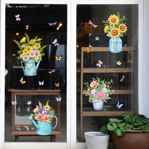 Watercolor Flower Vase And Butterfly Window Stickers PVC Removable Botanical Floral Wall Decals For Glass Decoration
