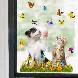 3D colorful butterfly window stickers with cute puppy and kitten lawn wall decals
