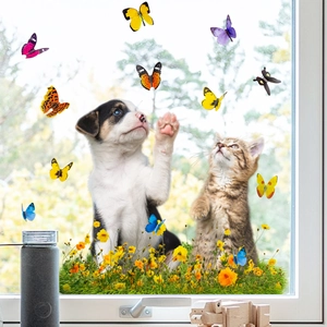 Cute puppy, cat, and colorful butterflies window static sticker for home glass decoration