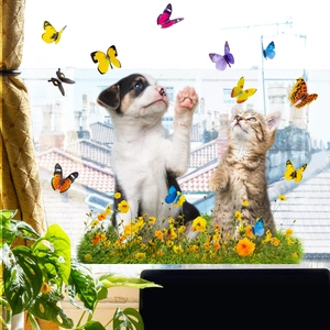Cute Cat Dog Butterfly Static Window Clings PVC Decorative Stickers For Glass Window Living Room Bedroom Home Decoration