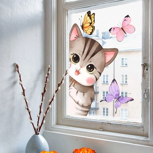 Niedliches Cartoon-Katzen und Schmetterlings-Fensterbild für dekorative Glasoberflächen