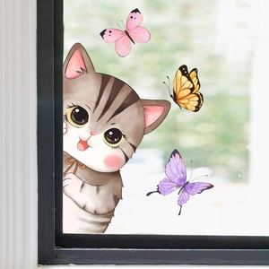 Niedliche getigerte Katze und bunte Schmetterlinge statische Fensteraufkleber Deko