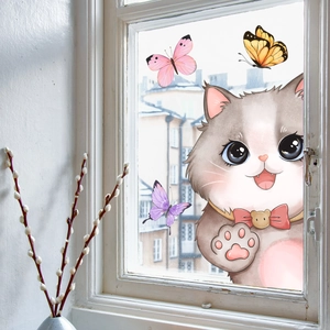 Niedliche graue Katze und bunte Schmetterlinge statische Fensteraufkleber für Deko