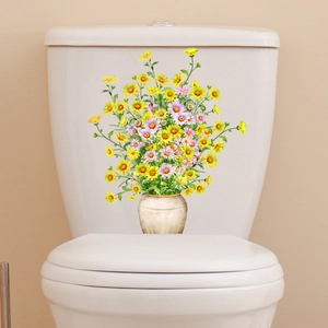 Yellow Daisy Flower Vase Toilet Sticker Waterproof PVC Removable Wall Decal For Bathroom Restroom Home Decor Fresh Floral Sticker