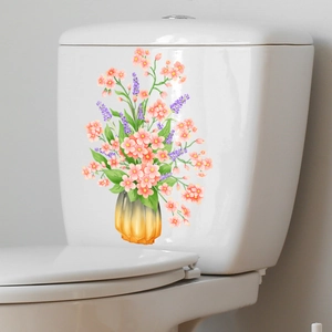 Floral decal with pink flowers and purple lavender in a yellow striped vase for bathrooms