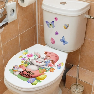 Easter toilet lid stickers with cartoon rabbit, colorful eggs and butterfly decorations