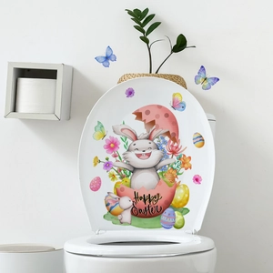 Detail of Happy Easter toilet lid decal featuring cartoon bunny, colorful eggs and flowers