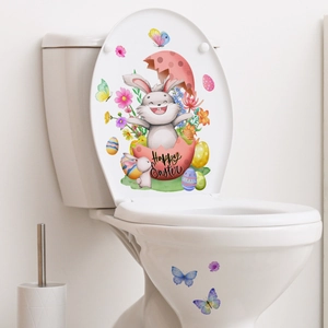 Detail of Easter bunny and colorful floral decals on a white bathroom toilet lid
