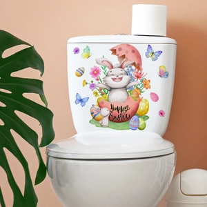 Detailed Happy Easter toilet sticker featuring a cute grey bunny in a pink eggshell decoration
