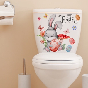 Happy Easter toilet sticker set with cartoon rabbit, colorful eggs and floral motifs