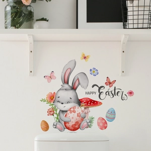 Detailed watercolor Easter bunny holding a red egg with Happy Easter wall decal text