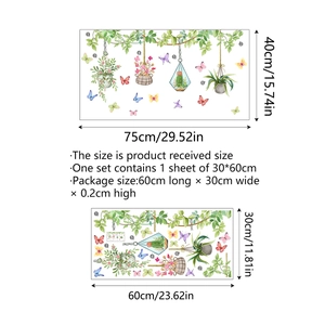 Detailed size chart for watercolor hanging plants and butterfly wall stickers