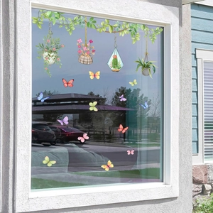 Green vine plant flower basket and butterfly window stickers for home glass decor