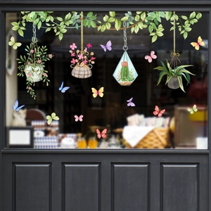 Hanging Plant Vines Flower Baskets Butterflies Wall Stickers PVC Waterproof Removable Window Decals Home Glass Decoration