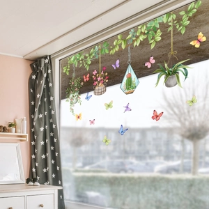 Green plants and butterflies window stickers in a watercolor illustration style for home