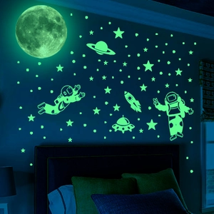 Luminous space wall stickers with moon astronaut and rocket for children bedroom decor