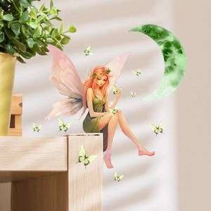 Luminous moon and fairy wall decals with green butterflies for bedroom home decoration