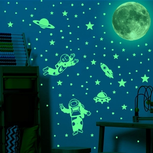 Luminous glow in the dark space wall stickers with moon and astronauts for kids room