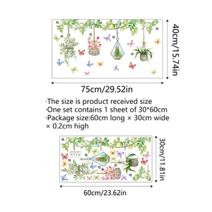 Hanging green plant vines and butterflies wall decal set for home glass decoration