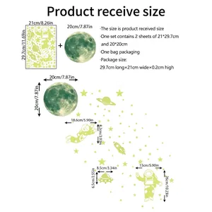 Luminous space wall stickers set with moon and astronaut size chart for kids' room decor