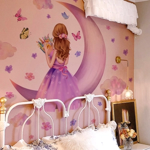 Romantic wall stickers with girl holding flowers, moon and clouds for girl's bedroom decor