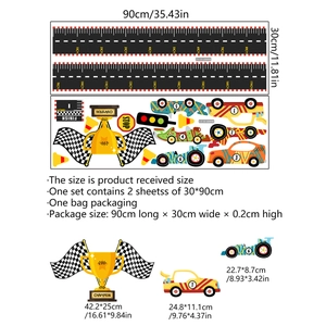 Cartoon raceauto groeimeter muursticker voor kinderkamer decoratie 30x90cm 2st