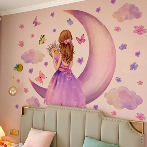 Dreamy moon girl with flowers and butterflies wall stickers for bedroom decoration