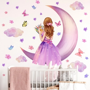Dreamy watercolor girl on crescent moon wall sticker with flowers and butterflies