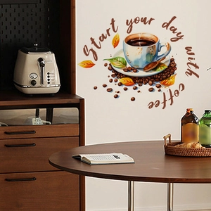Sticker mural de cuisine avec texte 'Start your day with coffee' et dessin de café