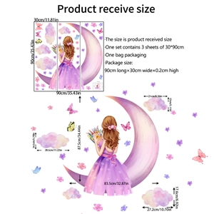 Girl on moon wall decal set with purple clouds and butterflies for bedroom decor