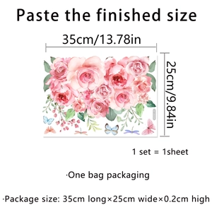 Pink rose toilet wall sticker with butterflies and size details on white background