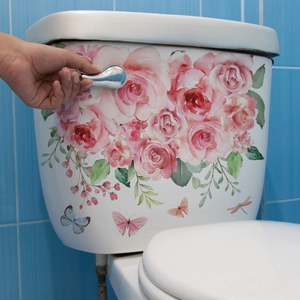 Watercolor Pink Rose Flower Butterfly Dragonfly Toilet Sticker Waterproof PVC Self Adhesive Bathroom Wall Art Home Decoration