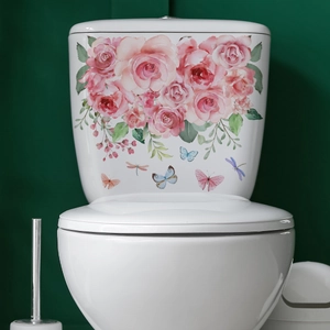Pink rose toilet lid decal with colorful butterflies and dragonfly on white ceramic