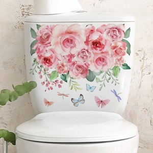 Pink watercolor rose wall decals with butterflies for bathroom and toilet decoration