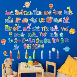 Adesivi murali educativi con alfabeto e sistema solare in una cameretta per bambini