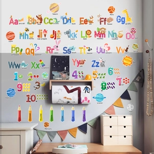 Adesivi murali educativi con alfabeto, numeri e sistema solare per cameretta dei bambini