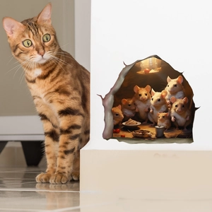 3D realistic wall sticker with cute mice in a hole, showing kittens watching closely