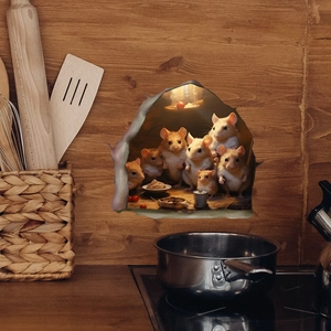 Detailed 3D mouse hole wall sticker with cartoon hamsters on a warm wood background