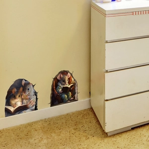 3D Mouse Hole Wall Sticker PVC Cartoon Mouse Reading Book Pattern Realistic Animal Decal For Skirting Line Kids Room Decor