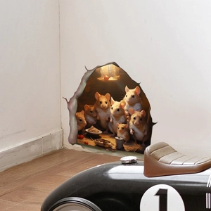 Detailed 3D hole wall sticker featuring a cute mouse family gathering on a white wall