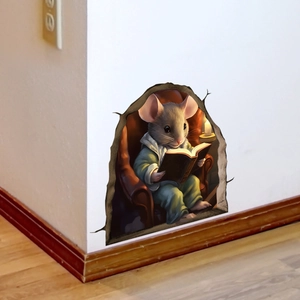 3D cartoon mouse reading in chair wall sticker for living room and bedroom decor