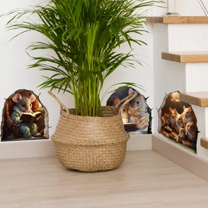 3D cartoon wall sticker showing mice reading and dining in a wall hole for home decor