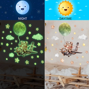 Luminous teddy bear on vintage plane wall stickers with moon and stars for kids rooms