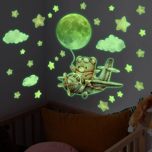 Glow In The Dark Wall Stickers Luminous PVC Cartoon Bear Flying Plane Moon Stars Decor For Kids Nursery Bedroom