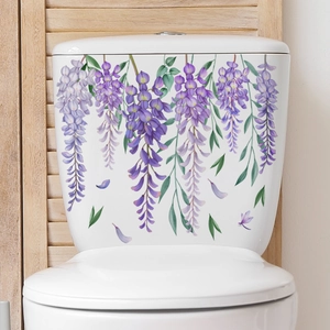 Elegant purple wisteria flowers and butterfly waterproof PVC wall sticker for toilet tank